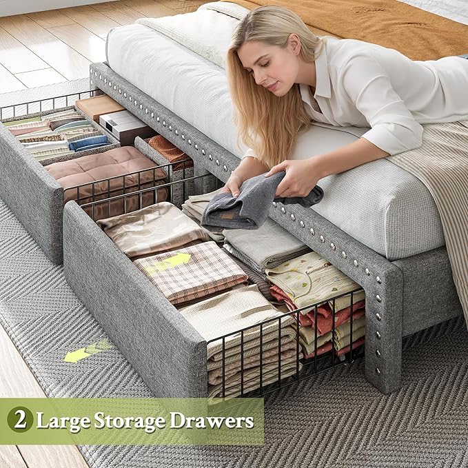 EnHomee Queen Size Bed Frame with 2 Storage Drawers Upholstered Queen Bed Frame with Headboard Solid Wood Slats,No Box Spring Needed,Noise-Free Extra Storage Space for Bedroom Apartment, Grey