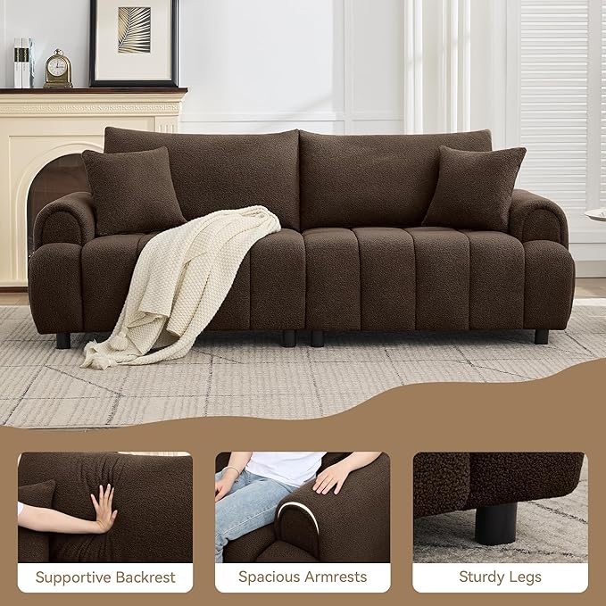 88 "Modern Boucle Sofa Couch, Oversized Comfy 3 Seater Sherpa Curved Sofas Deep Seat, Upholstered Loveseat Teddy Round Arm Couches for Living Room, Bedroom, Brown