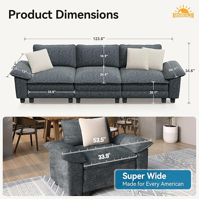 3 Seat Modular Sofa, 123.6'' Oversized Modern Chenille Sectional Couch with Wider Armrest and Pillow, Upholstered Cloud Deep Seat Sofa for Living Room, Cyan