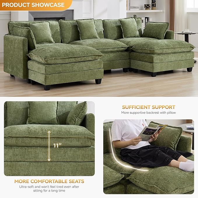 111'' Sectional Cloud Deep Seat Couch, Oversized Chenille U Shaped Sectional Sofa for Living Room Set, Comfy Upholstered Modular 3-Seats Sectional Sofa Couch with 2 Movable Ottoman, Green