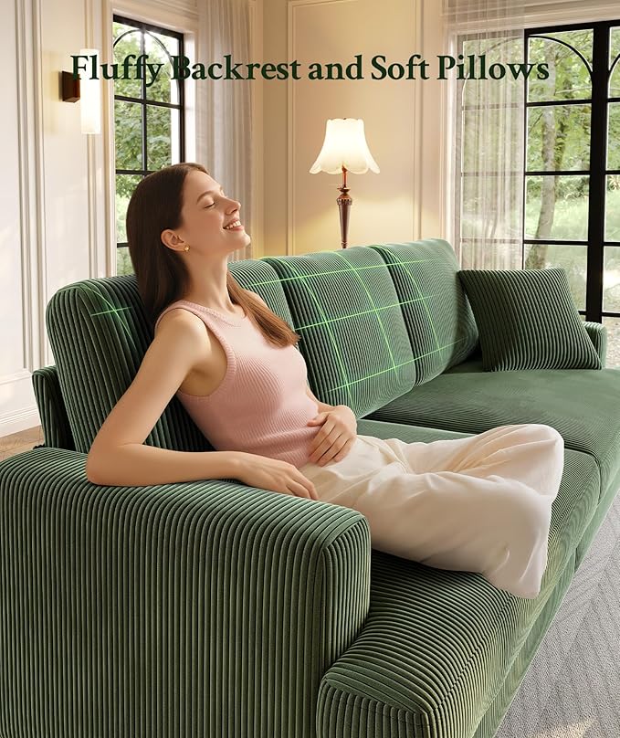 87.2" Couches for Living Room, Comfy L Shaped Couch Green 7.5" Thicker Cushion, Sofas for Living Room Tool-Free Setup, Loveseat with Ottoman 848lbs Support, Corduroy Couch for Bedroom, Office