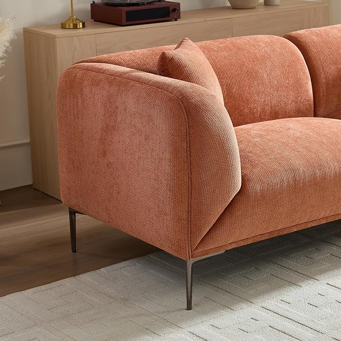 MEETAKING 82.68" Modern Sofa, 3-Seater Deep Seats Tuxedo Couch, Boucle Sofas with 2 Pillows, Minimalist Couches Straight with Metal Legs, High Armrests for Living Room,Bedroom,Home Office(Orange)