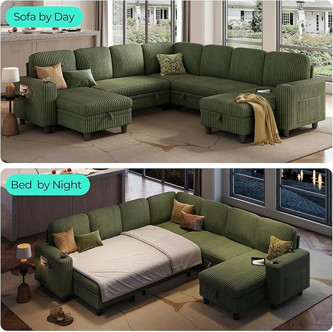 LINSY HOME Sectional Sleeper Sofa Pull Out Couches for Living Room (Green, Sleeper Sofa 5) | Pull Out Sofa Bed, Storage, USB Charging, Cup Holders, Plush Corduroy