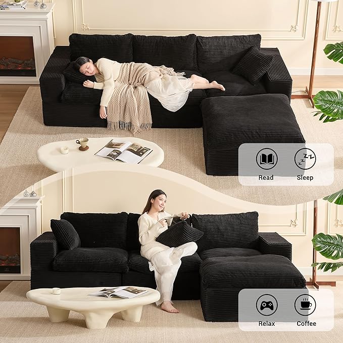 106.3” Sectional Couches for Living Room, Set of Cloud Couch, Modular Sectional Sofa, Convertible Sofas Bed, Deep Seat Sofa, L Shaped Cozy Sofa Furniture Set, Corduroy, Black