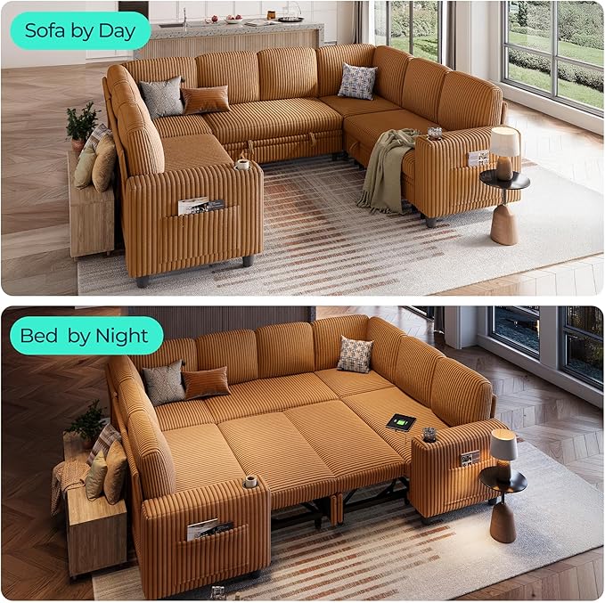LINSY HOME Sectional Sleeper Sofa with Pull Out Couch Bed - Convertible Plush Corduroy Cloud Couch with Storage Chaise & USB Charging, Comfy Modular Couches for Living Room, Brown
