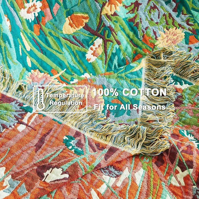 LUTBM Cotton Boho Blanket Queen Size Soft Spring Lightweight Bed Quilt Floral Embroidery Blanket for Bedroom Living Room Home Decor Reversible Blankets 90"x90"