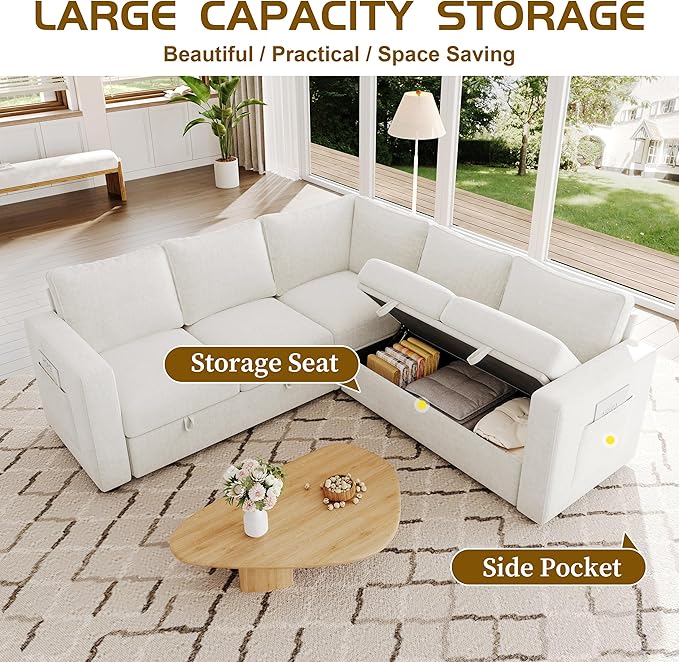 83.5" Sectional Sleeper Sofa with Pull Out Couch, Modern 5 Seat L Shaped Modular Couch, Sectionals Modular Sofa with Storage, Comfy Sectional Couches for Living Room & Apartment, Light Beige