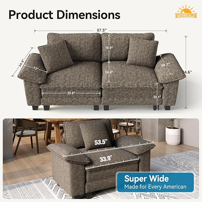 Modular Loveseat Cloud Sofa, 87.5'' Oversized Chenille Sectional Couch with Wider Armrest and Pillow, 2 Seat Upholstered Modern Love Seat for Living Room Bedroom, Smoky Grey