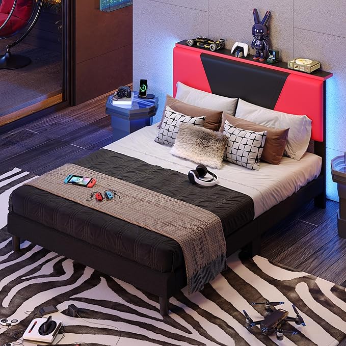 Bestier Gaming Bed Frame Queen Size Black & Red with RGB LED Lights Adjustable PU Leather Headboard Storage Shelf with USB Ports Sturdy PB Construction No Box Spring Needed Modern Industrial Design