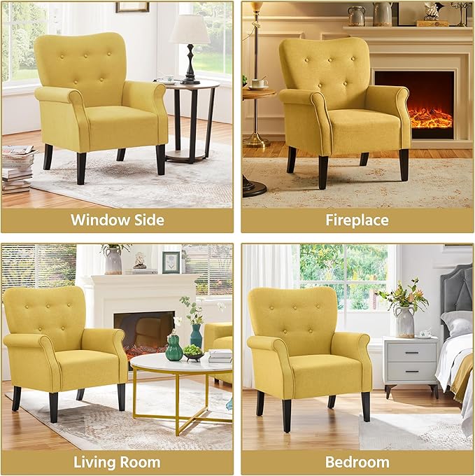 Yaheetech Modern Armchair, Mid Century Accent Chair with Sturdy Wood Legs and High Back for Small Space, Upholstered Fabric Sofa Club Chair for Living Room/Bedroom/Office, Set of 2, Yellow