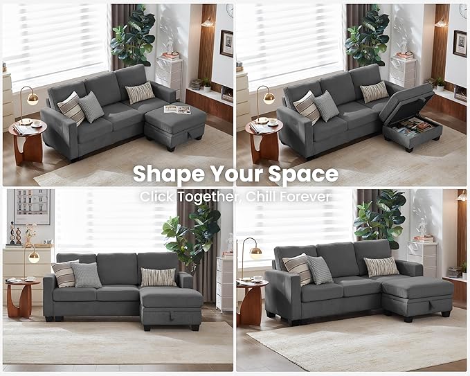 CHIC HOUSE Modular Sectional Sofa with Storage Ottomans, Corduroy Cloud Couch for Small Spaces & Apartments, Reconfigurable L/U Shaped Convertible Corner Sofa (4 Seater Sectional, Dark Grey)