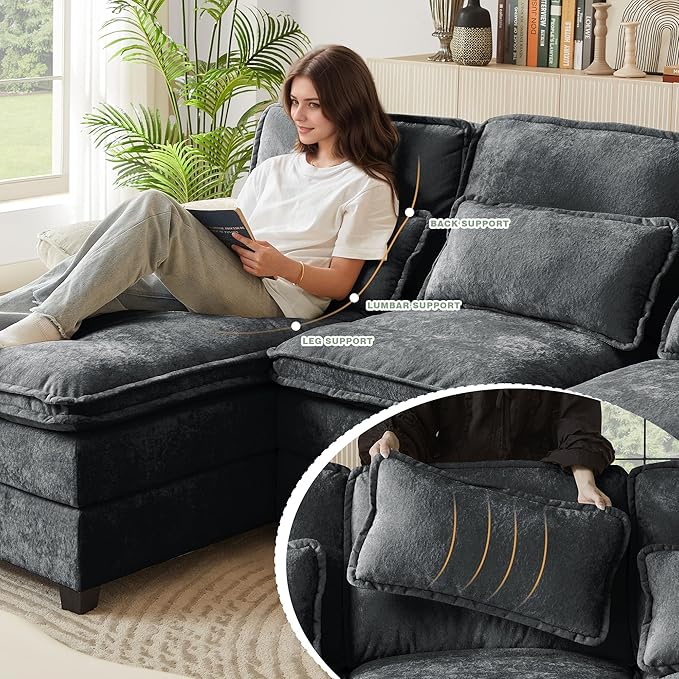 112" Modular Sectional Sofa, U Shaped Comfy Cloud Couch with Double Chaise and Padded Armrests, Modern Deep Seat Sectional Couches for Living Room, Apartment, Office, Dark Grey