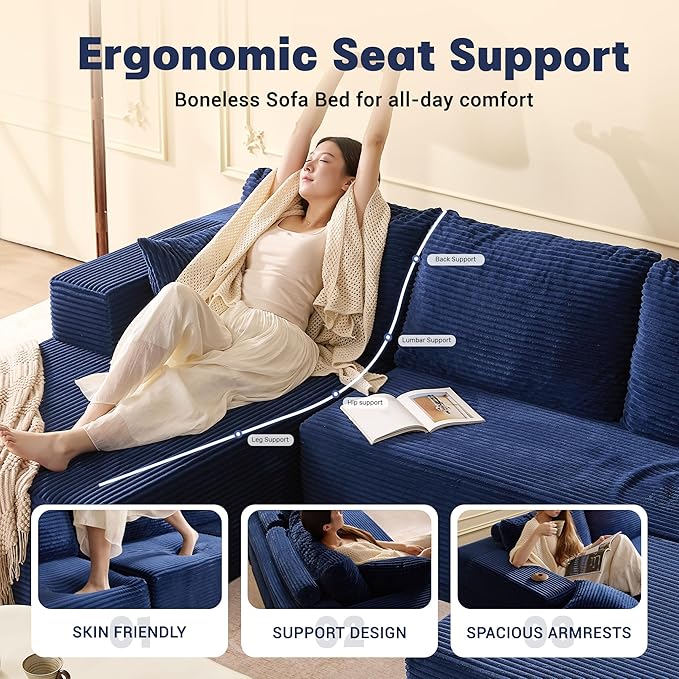 107" Boneless Couch with Deep Seat, Set of Modular Sectional Sofa, Cloud Sectional Couch for Living Room, No Assembly Required, Corduroy, U-Shape 3 Seater Left, Blue