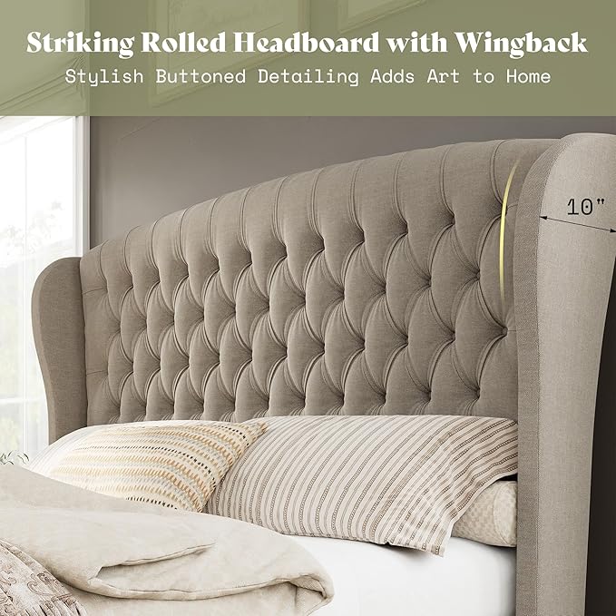 AMERLIFE California King Size Platform Bed Frame, Linen Upholstered Sleigh Bed with Scroll Wingback Headboard & Footboard/Button Tufted/No Box Spring Required/Khaki