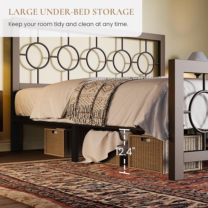 SHA CERLIN Queen Size Metal Bed Frame with Vintage Circular Design Headboard and Footboard,No Box Spring Required,Easy Assembly,Noise-Free,Brown