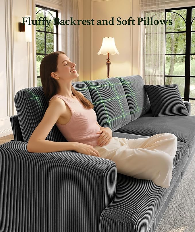 87.2" Couches for Living Room, Comfy Grey Couch 7.5" Extra Thick Cushion, Sofas for Living Room Tool-Free Setup, Loveseat Sofa 848lbs Support, Corduroy Couch for Bedroom, Apartment, Office