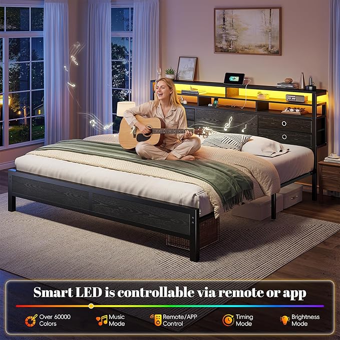 Homkdom King Size Bed Frame with 2-Tier Storage Headboard and 4 Drawers,King Bed Frame with LED Light & Charging Ports,Metal Platform Bed Frame,1100LB-Heavy Duty for Apartment,Guest Room,Modern Black
