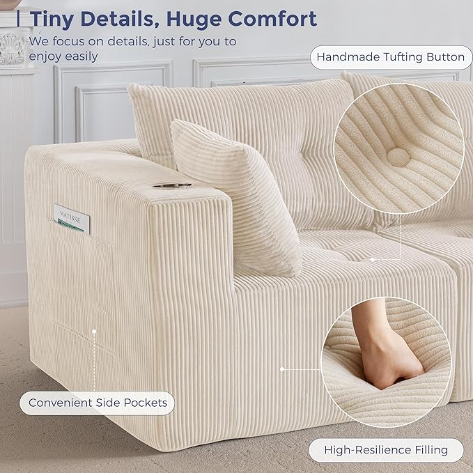 MAXYOYO Modular Sectional Sofa Couch, Loveseat Boneless Cloud Couch for Living Room, Sofa in A Box, Tufted Upholstered Cozy Chair with Cup Holders, No Assembly Required, Beige
