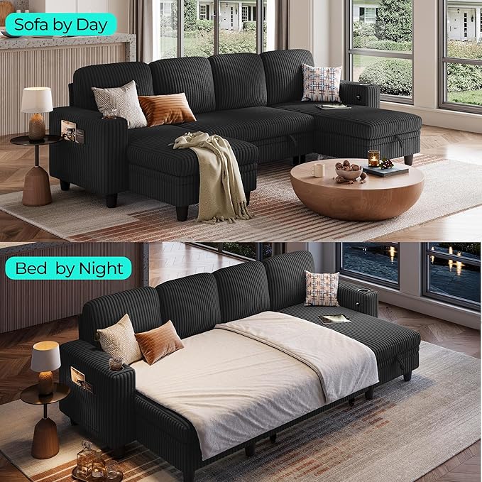 LINSY HOME Sectional Sleeper Sofa Pull Out Couches for Living Room (Black, Sleeper Sofa 3) | Pull Out Sofa Bed, Storage, USB Charging, Cup Holders, Plush Corduroy
