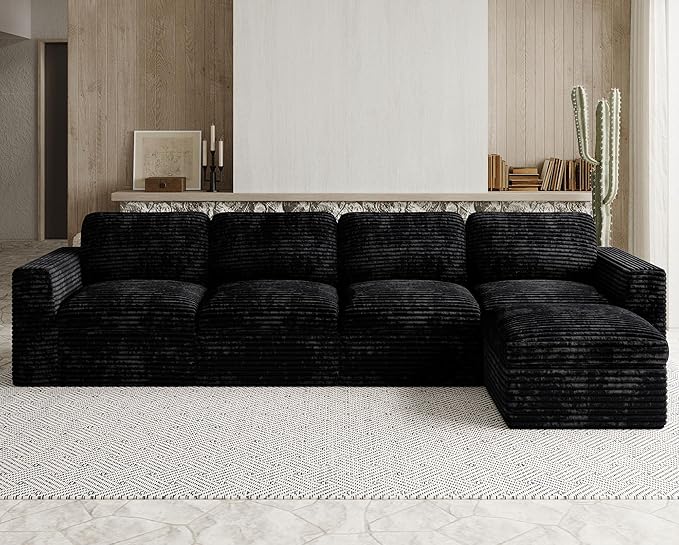 Boneless Sectional Cloud Couch with Deep Seat Plush Corduroy Modular Sectional Sofa Convertible L Shaped Couches for Living Room. Black Sofa.