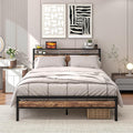 BOFENG Queen Bed Frame with Wood Headboard Storage,Heavy Duty Metal Platform Bed Frame Queen Size with Charging Station,Reinforced Steel Slats Support,No Box Spring Needed,Noise Free,Brown