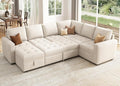 HONBAY Sectional Sleeper Sofa Couch with Pull Out Bed, Convertible L Shaped Couch with Storage, Sleeper Sectional Sofa Bed for Living Room, Beige