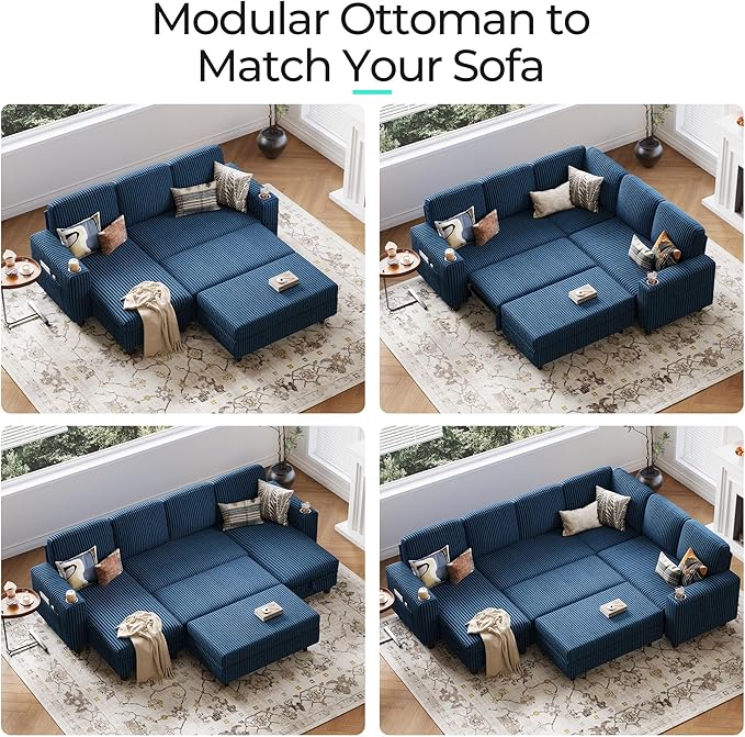 LINSY HOME Sectional Sleeper Sofa - Modular Ottoman Module (Blue, Sleeper Sofa Ottoman) | Storage, Convertible, Coffee Table, Plush Corduroy