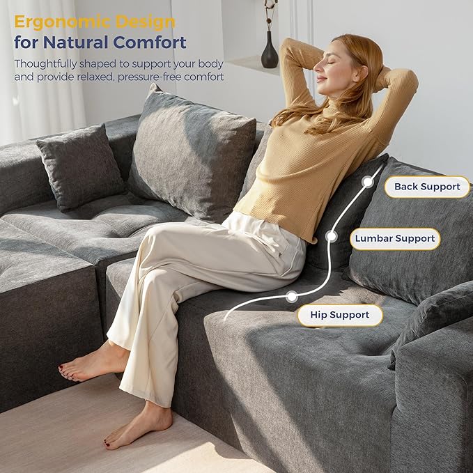 MAXYOYO Modular Sectional Sofa Couch, L Shaped Boneless Cloud Couch with Flexible Ottoman, Chenille Upholstered Living Room Sleeper Sofa Chair for Living Room, No Assembly Required, Light Grey