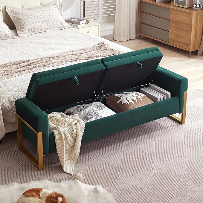 67" Storage Bench for Bedroom King Size, Velvet Upholstered End of Bed Storage Bench with Gold Legs, Double Lids Tufted Storage Ottoman Bench for Living Room,Entryway, Green
