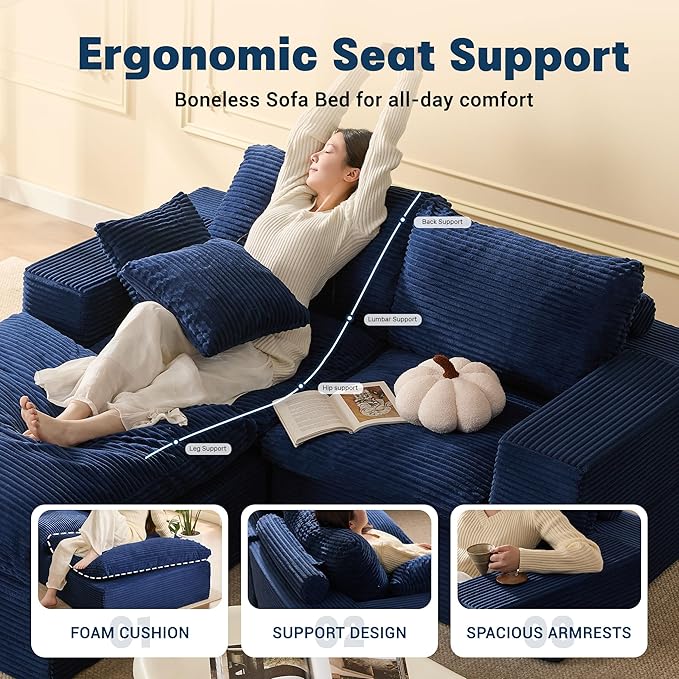 74.8” Set of Cloud Couch, Modular Loveseat Sofa, Convertible Sofas Bed, Deep Seat Sofa, Cozy Sofa for Living Room, Office and Bedroom, L Shaped Cozy Sofa Furniture Set, Corduroy, Blue