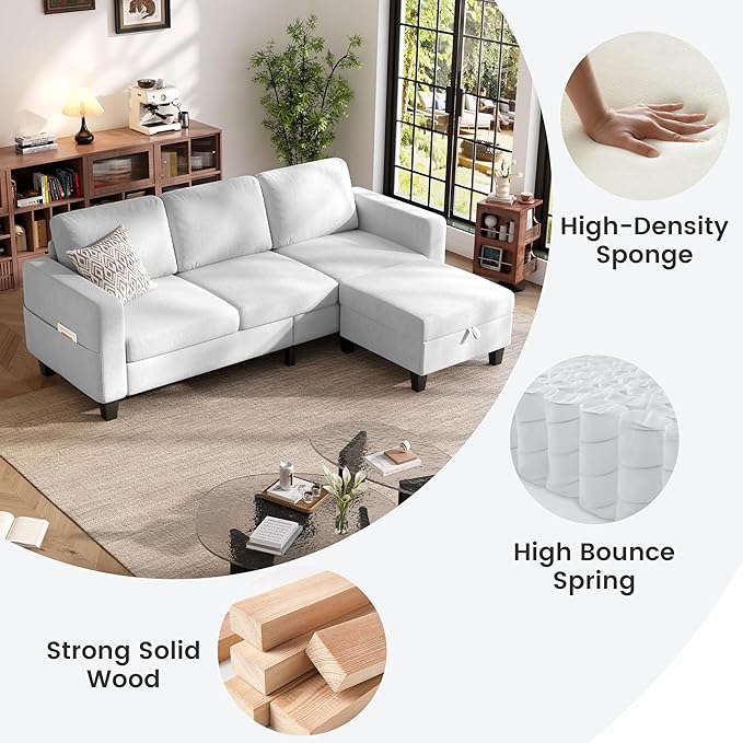Sectional Sofa and Couches for Living Room, 78'' White 3 Seat L-Shaped Couch with Movable Ottoman, Comfy Velvet Convertible Sectionals Sofas with Chaise for Apartment, Dorm, Small Space