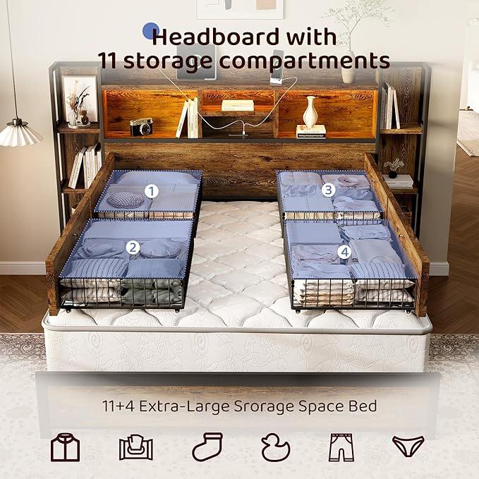 BRELTAM Queen Size Bed Frame with 4 Storage Drawers and Headboard Featuring Shelf Storage, Wooden Platform Bed Frame with LED Lights and Charging Station, Easy Assembly/No Box Spring Needed/Brown
