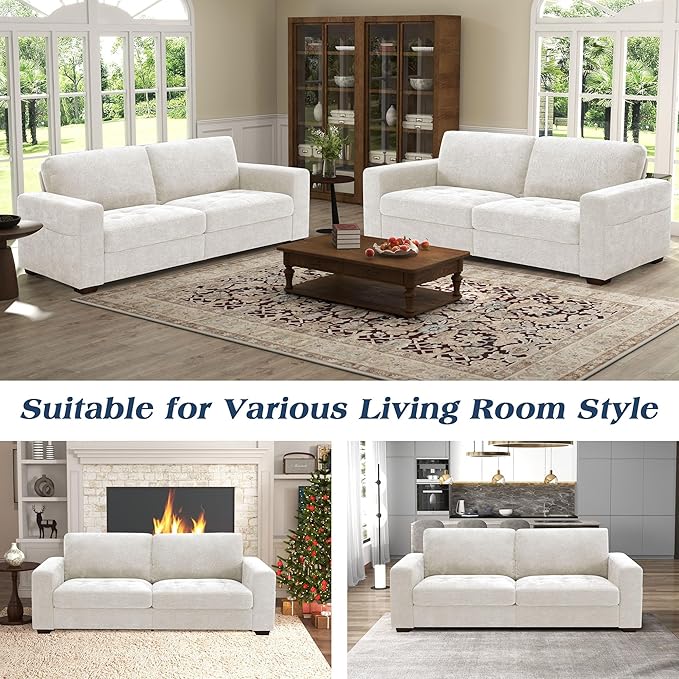 WorthFurni Sofas for Living Room, Chenille Loveseat Couch Set, Small Modern Sofa, USB Charging, Removable Sofa Cover,Solid Wood Frame, Easy to Install(89inch,White)