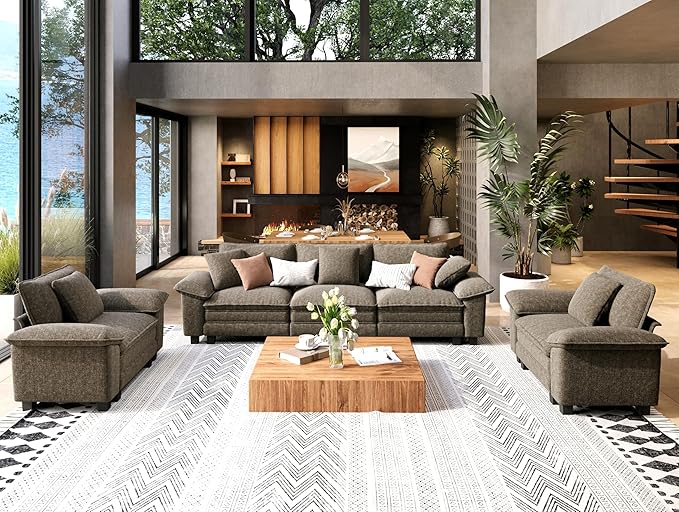 3 Piece Living Room Sofa Furniture Set, Chenille 2 Comfy Cloud Chairs and 3-Seat Modular Couch with Pillow, Oversized 5-Seat Modern Deep Sectional Sofa for Apartment, Smoky Grey