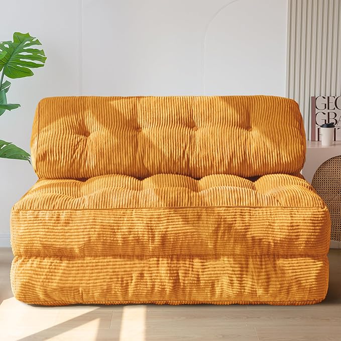 MAXYOYO Folding Sofa Bed, Convertible Sleeper Chair with Pillow Foldable Mattress with Back Support, Portable Fold Out Chair Bed Comfy Floor Sofa Lounge for Living Room Bedroom, Orange Double