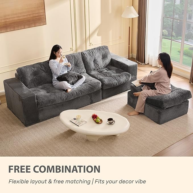 Modular Sectional Sofa, 102” L-Shaped Corduroy Couch with Ottoman, Deep Seat Comfy Sectional for Living Room, Set of Soft Upholstered Cloud Couch for Apartment, Gray
