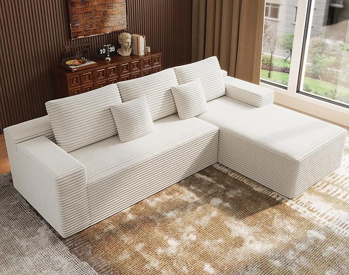Boneless Modular Sectional Sofa, Cloud Couch with Right Facing Chaise, Oversized Deep Seat, L-Shaped, Soft Corduroy Fabric, Sectional Couch for Living Room -White