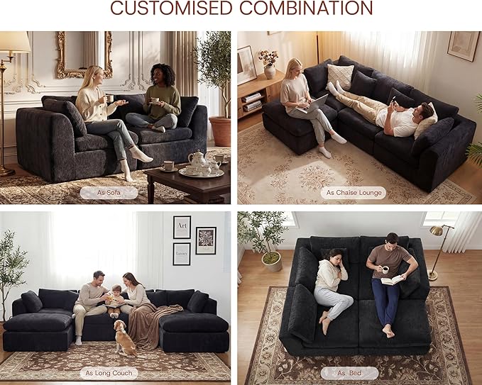 141'' Oversized Cloud Sectional Boneless Couch for Living Room, Modern Big Compressed U Shape Couch with 2 Ottoman 2 Throw Pillows, Comfy Chenille Deep Seat Memory Foam Spineless 6 Seater Sofa,Black | No Assembly Needed, Premium Chenille, Flexible Modu...