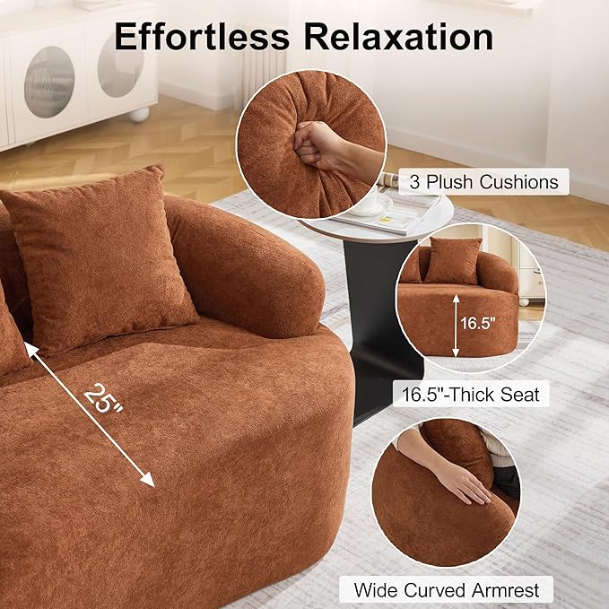 110.2" Curved Boneless Couch, Oversized Cloud Sofa with 4 Pillows, Modern 4 Seater Modular Sectional Sofa, Boneless Sectional Couches for Living Room, Curved Foam Couch, Orange