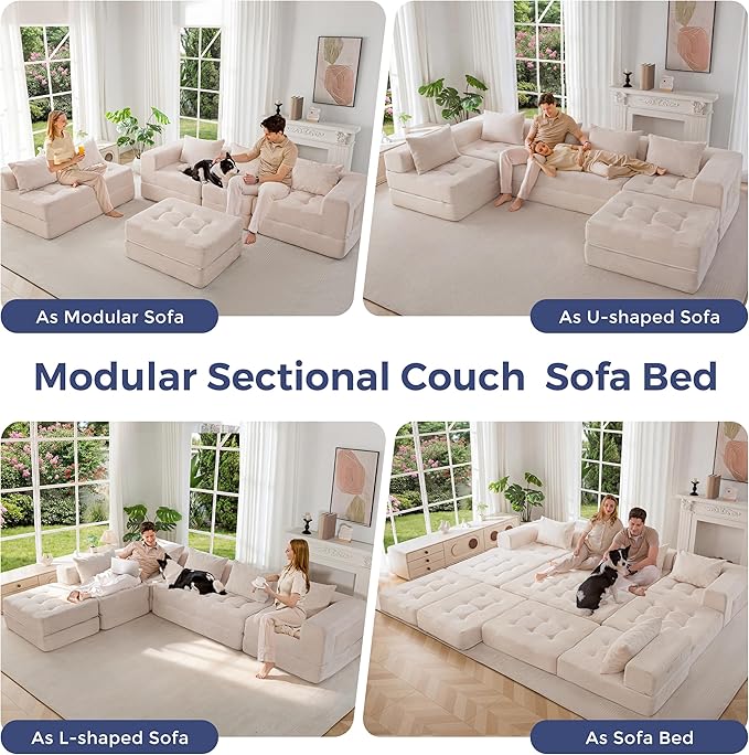 MAXYOYO Modular Sectional Sofa Couch, Foldable U Shaped Cloud Couch with Pillows, Tufted 6-Seat Boneless Sleeper Lounger Floor Sofa Bed for Living Room, No Assembly Required, Beige