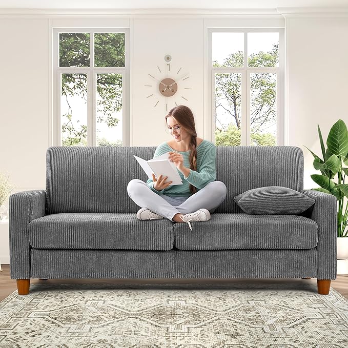 Kidirect 70in L Shaped Couch, Modular Sofa No Tool Assembly, Comfy Sectional Couches for Living Room 21in Deeper Seats, Corduroy Sofas for Living Room with 2 Pillows, Loveseat Sofa Set, Grey Couch | Comfy Corduroy, Oversized 70in Couch, 700LB Tough, To...