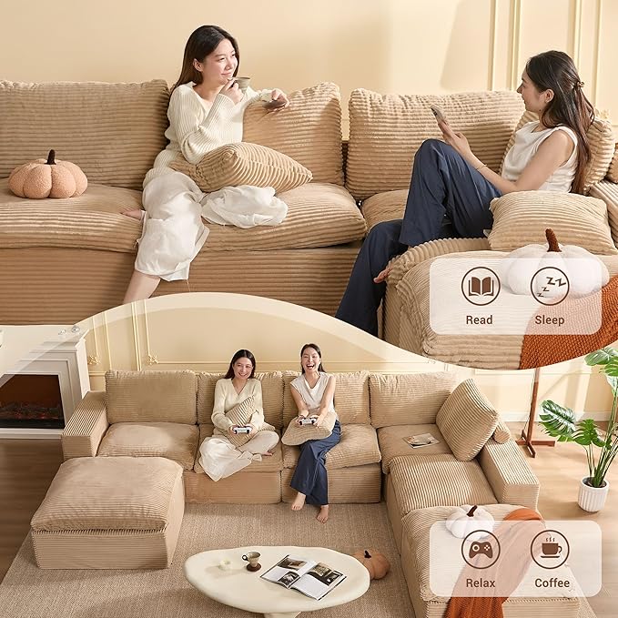137.8” Sectional Couches for Living Room, Set of Cloud Couch, Modular Sectional Sofa, Convertible Sofas Bed, Deep Seat Sofa, Sleeper Sofa Full Size, Corduroy, Camel