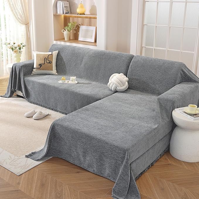 OstepDecor Sectional Couch Covers 2 Pieces, L Shaped Couch Cover Blanket, Sectional Sofa Cover Washable, Chaise Lounge Sofa Slipcovers Pet Furniture Protector for Dogs (71"x118"+91"x134", Dark Grey)