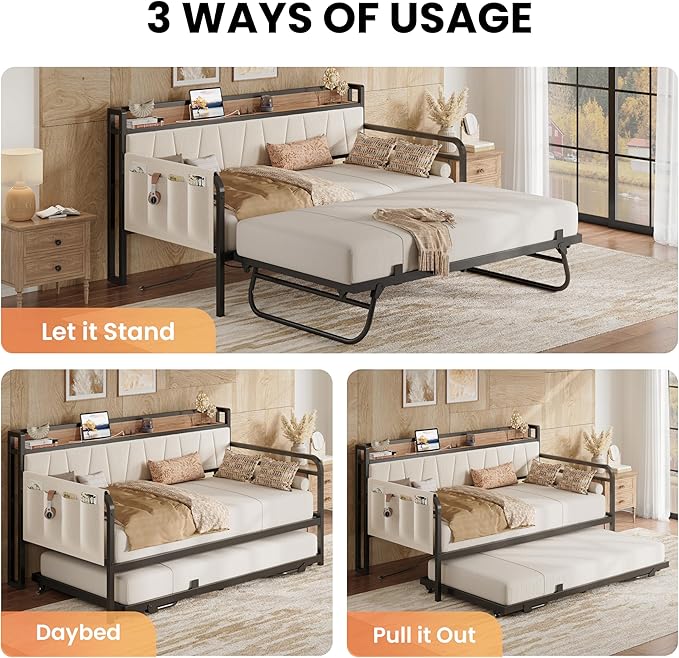 LIKIMIO Daybed with Trundle Bed, Twin Bed Frame with Storage Headboard and Charging Station, Sofa Day Bed with Strong Supports for Living Room, Bedroom, and Guest Room, Beige