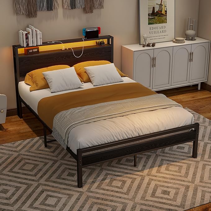 BOFENG Full Size Bed Frame with Wood Storage Headboard/LED Lights,Heavy Duty Platform Metal Bed Frame Full Size with Charging Station No Box Spring Needed,Strong Metal Support,Noise Free,Black