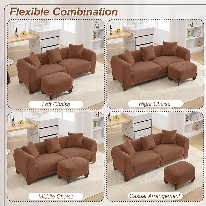 87" Sherpa Boucle Cloud Couch with Ottoman, Modern 3 Seater Sofa with Solid Wood Legs 25" Extra Deep Seat Comfy Thick Cushion Upholstered Sofa Couches with 3 Pillows for Living Room, Caramel