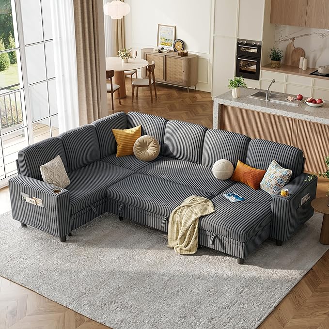 LINSY HOME Sectional Sleeper Sofa Pull Out Couches for Living Room (Grey, Sleeper Sofa 4) | Pull Out Sofa Bed, Storage, USB Charging, Cup Holders, Plush Corduroy