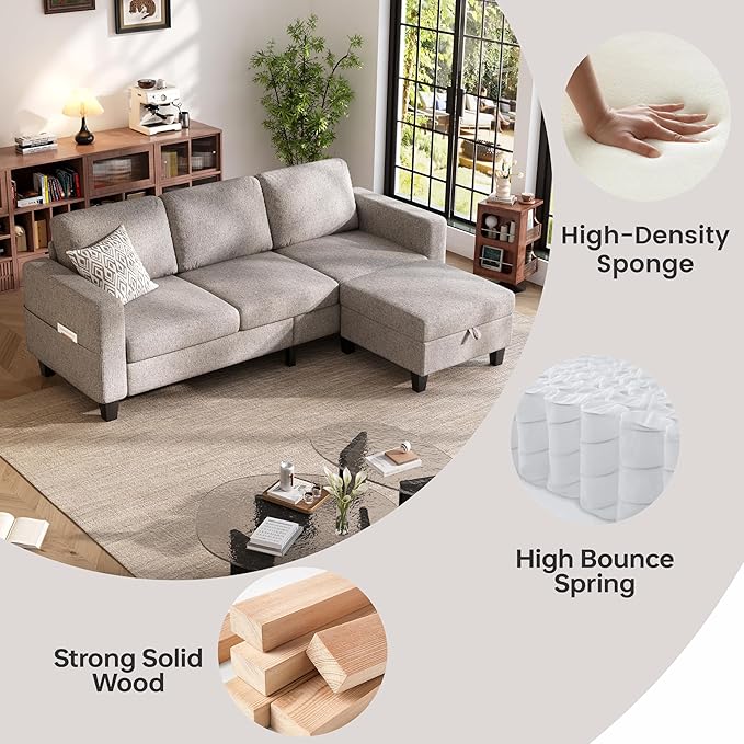 Sectional Sofa and Couches for Living Room, 78'' Brown 3 Seat L-Shaped Couch with Movable Ottoman, Comfy Linen Convertible Sectionals Sofas with Chaise for Apartment, Dorm, Small Space