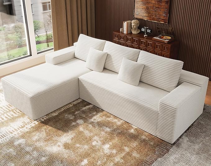 Boneless Modular Sectional Sofa, Cloud Couch with Left Facing Chaise, Oversized Deep Seat, L-Shaped, Soft Corduroy Fabric, Sectional Couch for Living Room -White