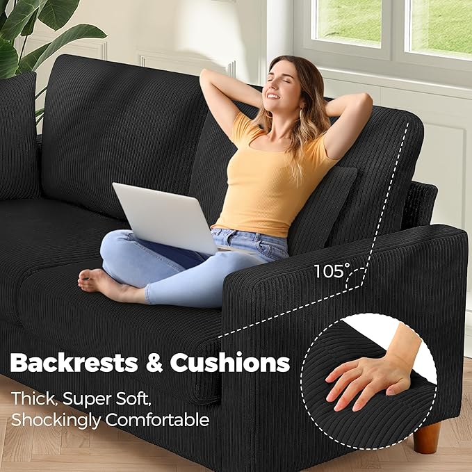Kidirect 70in U Shaped Couch, Modular Sofa No Tool Assembly, Comfy Sectional Couches for Living Room 21in Deeper Seats, Corduroy Sofas for Living Room with 2 Pillows, Loveseat Sofa Set, Black Couch | Comfy Corduroy, Oversized 70in Couch, 700LB Tough, T...